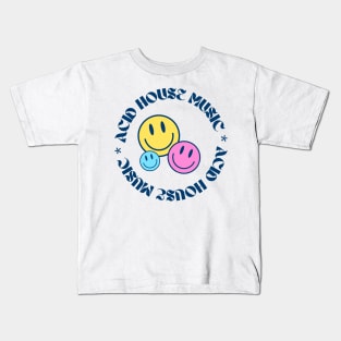 ACID HOUSE  - Circular Font With 3 Smileys (navy/pink/blue) Kids T-Shirt